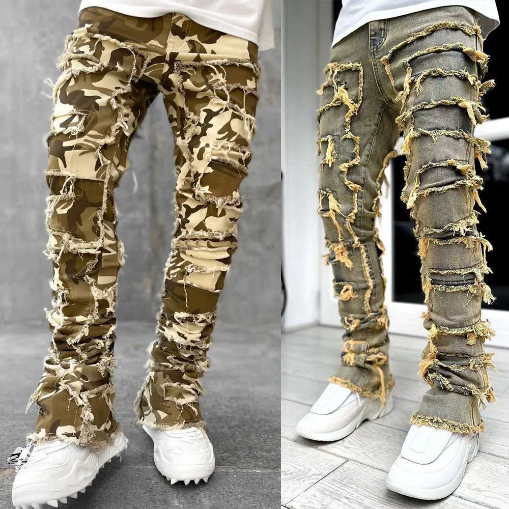 Herrenhosen 2024 High Street Weiße gestapelte Herrenjeans Stretched Patchwork Quaste Beschädigte Denim Ganzkörperhose Hip-Pop-Hose für MännerL2403