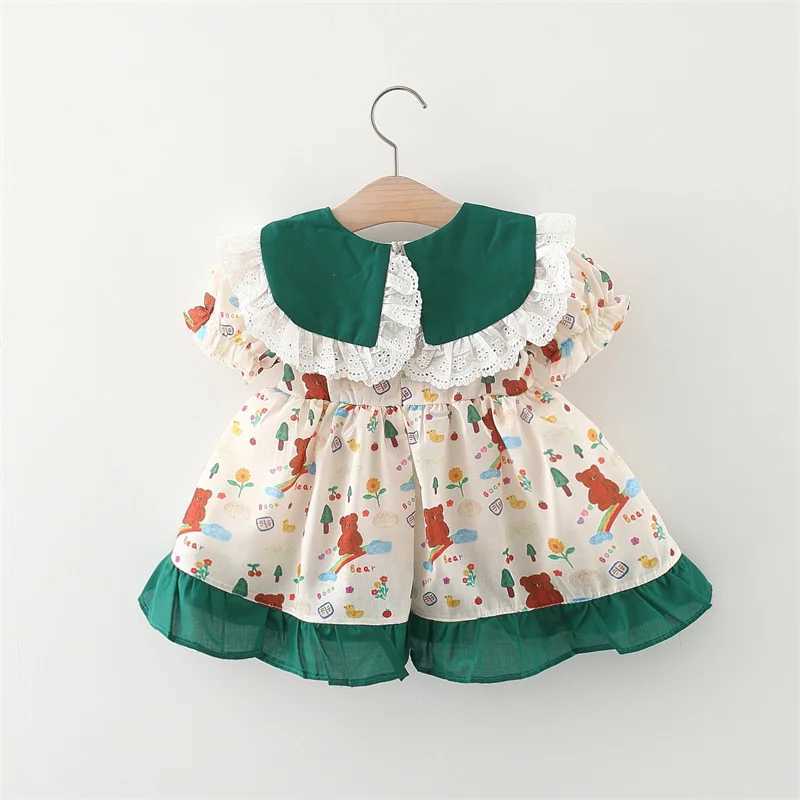 Girl's Dresses Summer girl print cartoon clothes lace flap childrens dress country style bow for kids from 0 to 3-year-old toddler 240315