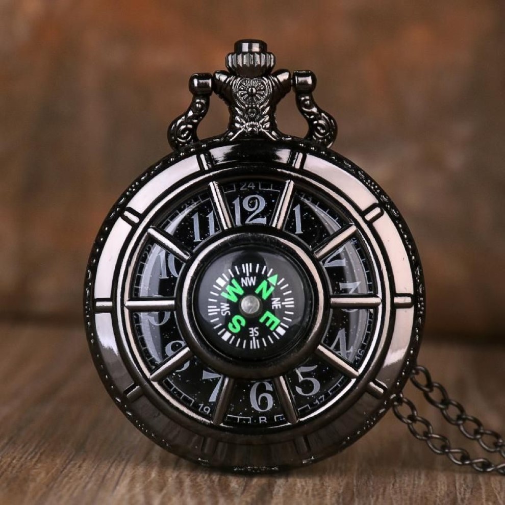 Pocket Watches Compass Fashion Design Vintage Hollow Skeleton Watch Black Starry Round Dial Antique Pendant Clock Gifts Men Women2039