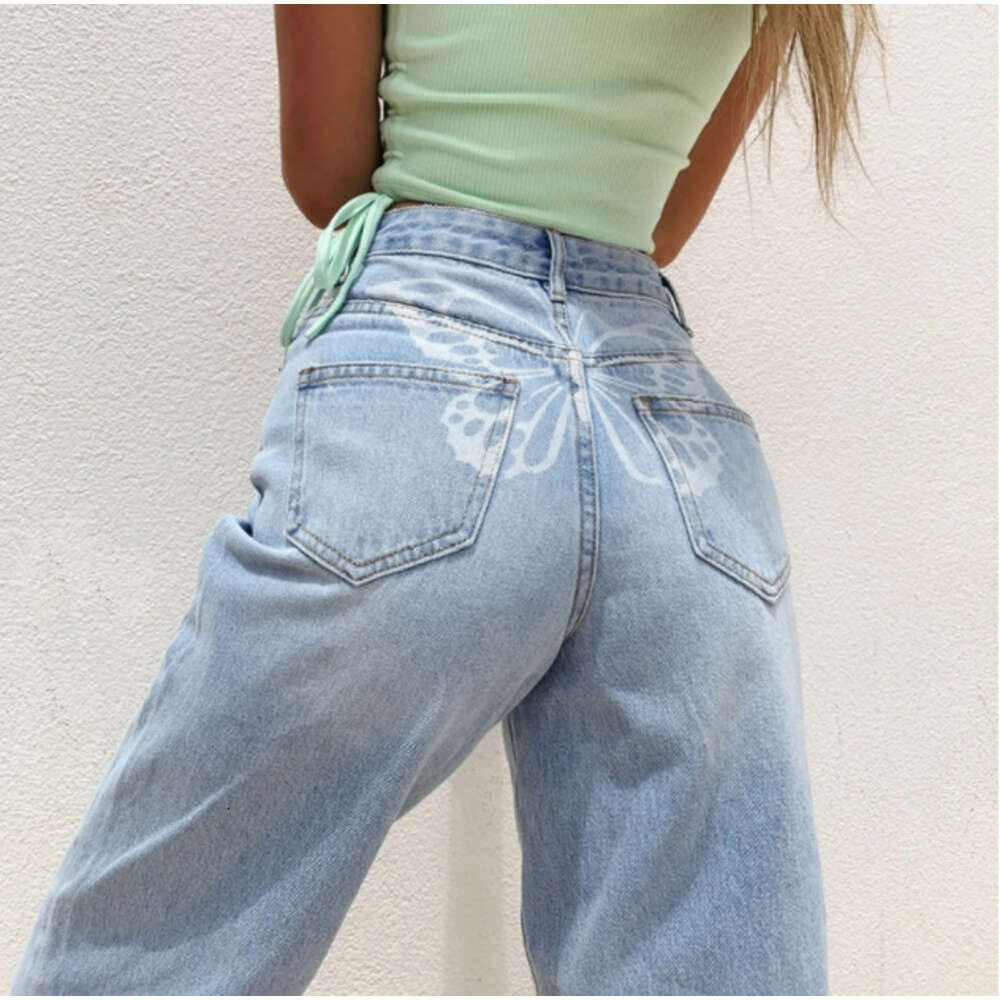 2024 Spring New High Waist Butterfly Print Straight Leg Casual Jeans Women