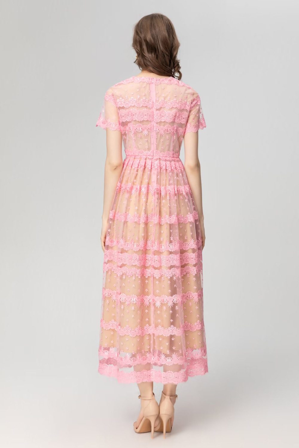 2024 Summer Embroidery Floral Print Women's Dress Crew-Neck dragkedja Kortärmad Kvinnas avslappnade långa klänningar AS0100