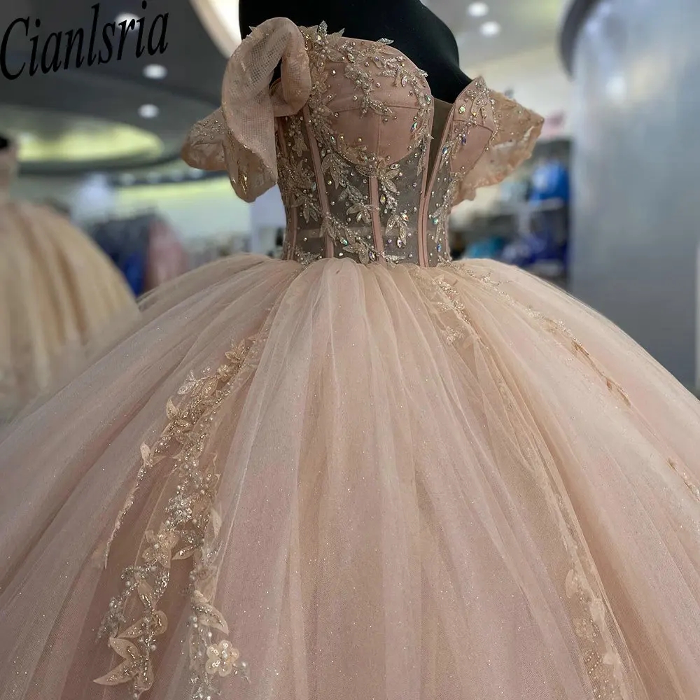 Blush Pink Crystal Beading Illusion Ball Gown Quinceanera Dresses Off the Shoulder Appliques Corset Sweet 15 Vestidos De 15 Anos