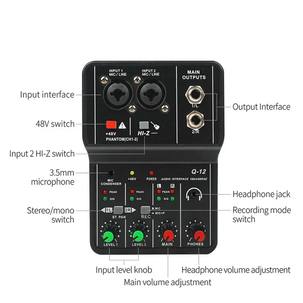 Cabos Universal Professal Q12 Interface de áudio Cartão de som DriveFree portátil para estúdio cantando equipamento de guitarra elétrica de computador