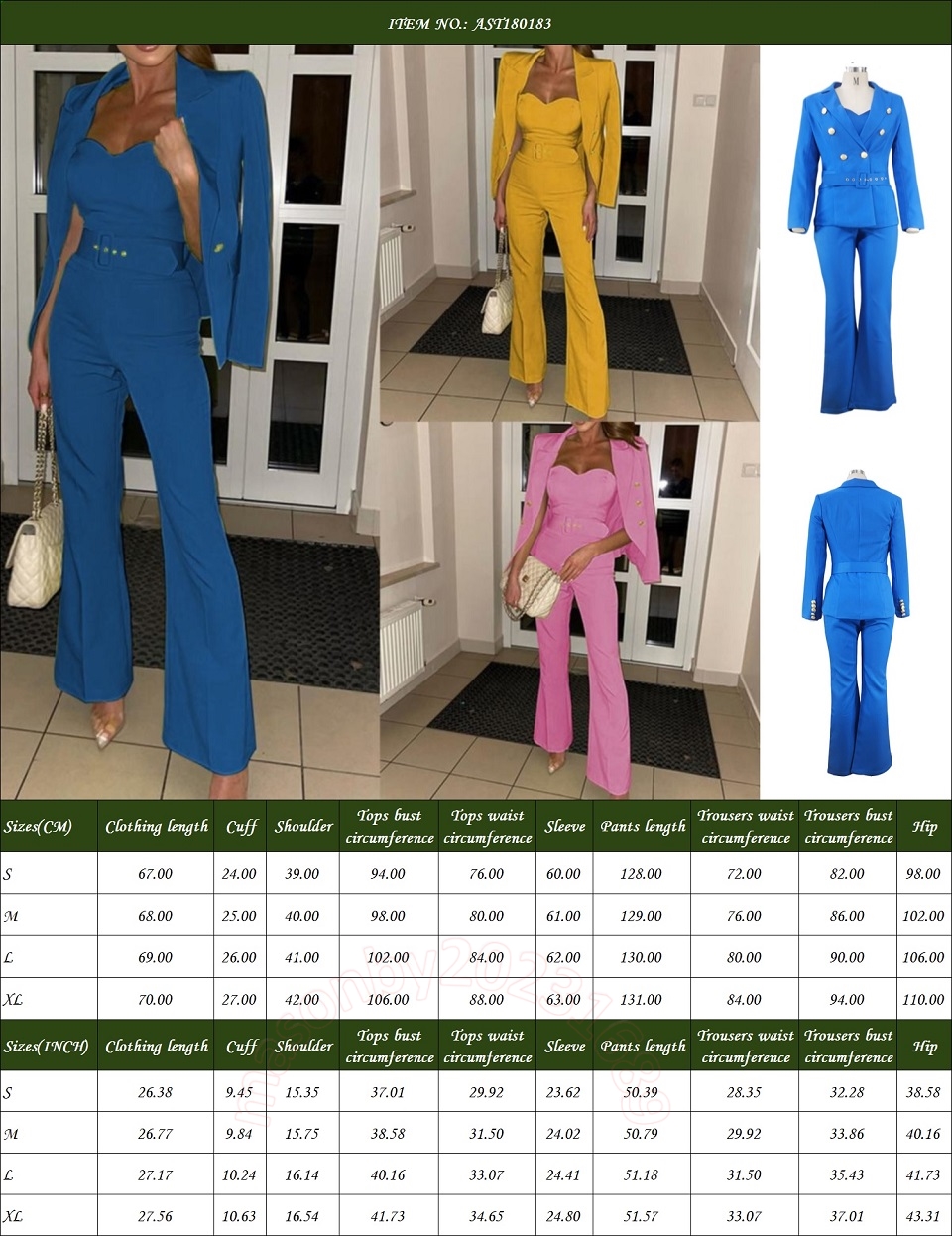 Verfijnde stijl damespak met lange mouwen met broek vaste kleur dik vierweg stretch stof roze geel blauw perfect voor een kantoorlook AST180183