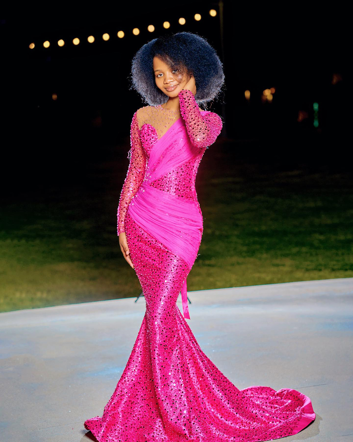 Fuchsia Zeemeermin Galajurken Sparkly Kralen Pure Hals Lange Mouwen Verjaardagsfeestje Avondjurken Robe De Bal