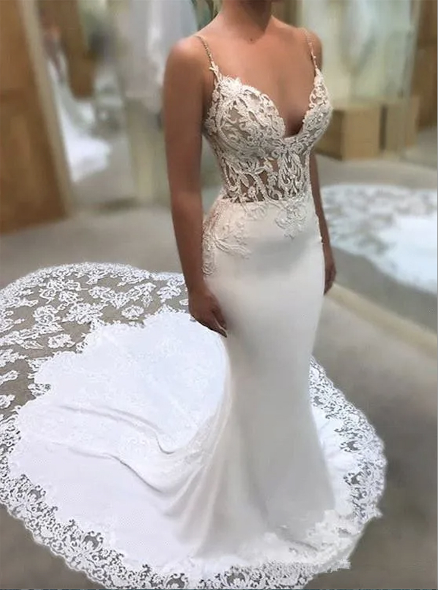 Sexy Spaghetti Straps Lace Mermaid Wedding Dresses Illusion Satin Tulle Applique Court Train Bridal Gowns robe de mariee