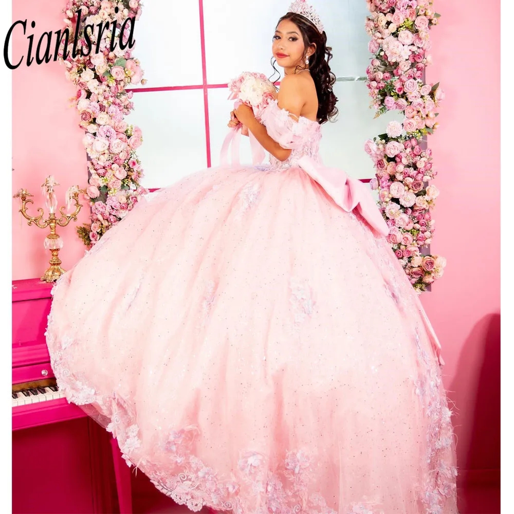 Sweet 15 Off the Shoulder Princess Quinceanera Dresses Birthday Party Robe ärmlös pärlor glittrande spetsar upp korsett puffy kjol