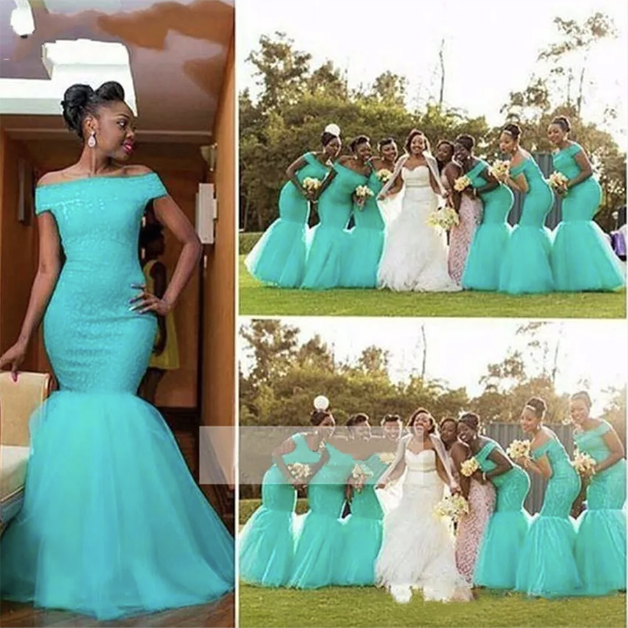 2024 Sereia Turquesa Azul Africano Vestidos de Dama de Honra Fora Do Ombro Sexy Plus Size Lace Maid of Honor Festa Nupcial Vestidos de Convidados de Casamento