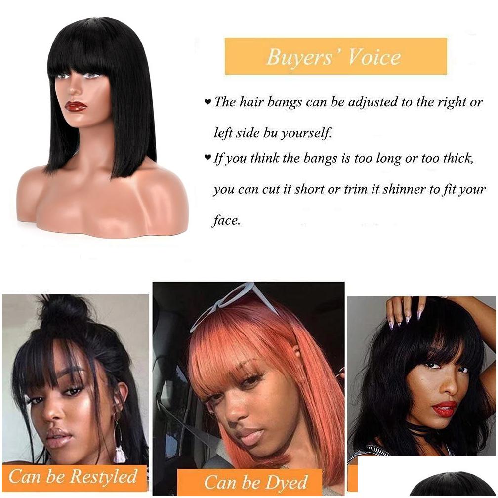 Synthetic Wigs Lace Wigs Straight Bob Human Hair With Bang Fl Hine Made Brazilian Remy For Black Woman 10 12 Inch 230110 Drop Delivery Dhbxw