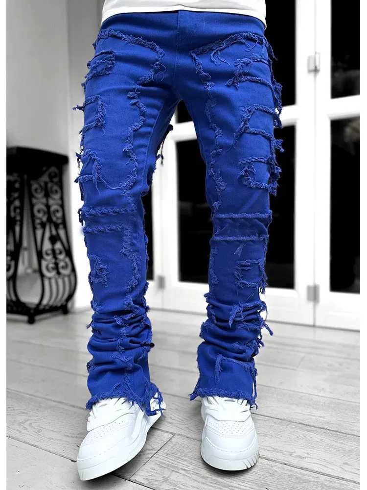 Dżinsy męskie 2024 Męskie nowe kreatywne dekoracje Tassels Prosto dopasowane dżinsy Casual Medime Stretch Street Street Style Dżinsowe spodnie dla wszystkich sezonówl2403