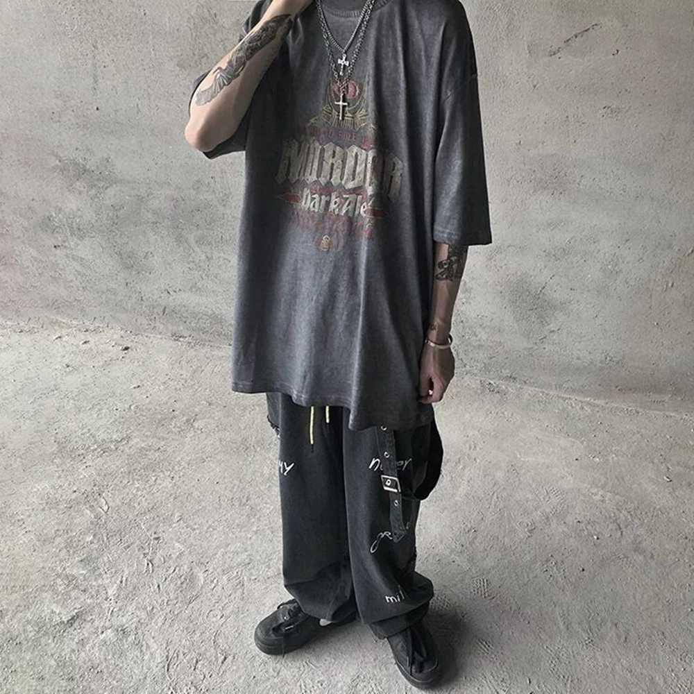 Men's T-Shirts American High Street Old Washed Oversized Five-quarter Sleeve Print Dark Gothic Retro Hiphop Fashion Casual T-shirt Summer New J240316