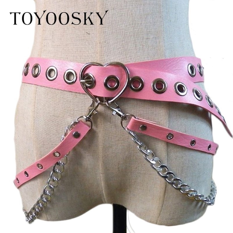 Kobiety Gothic Punk Serce Shape Belt for Women Street Fashion Rock Hip-hop z dwoma łańcuchowymi pasami w talii Ins Second Cowskin Toyoosky C1293J