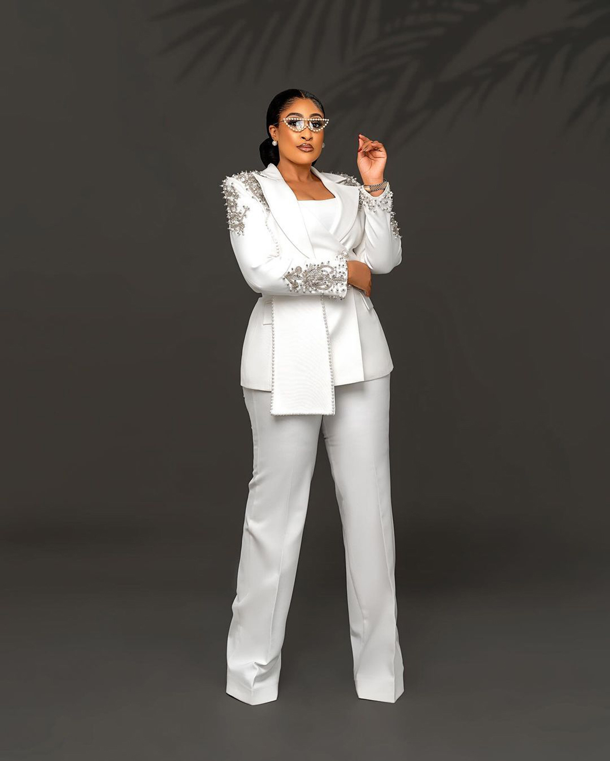 Unique Design Beads Women Pants Suits White Wedding Blazer Jacket Guest Wear Slim Fit 