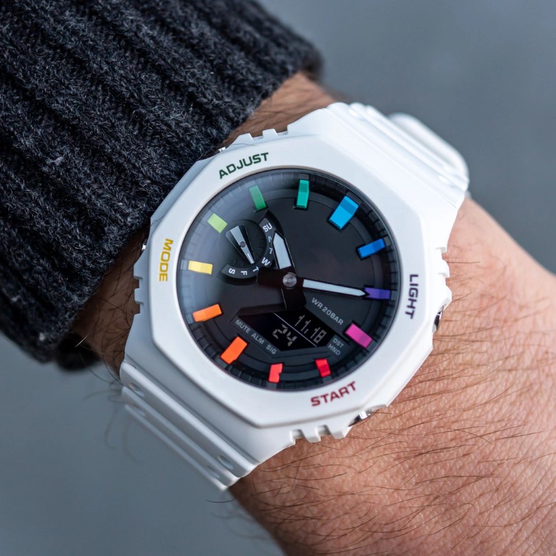 Origineel schokhorloge Digital Sport Quartz 2100 Unisex horloge White Rainbow Oak Series Afneembaar en monteerbaar waterdichte wijzerplaat243N