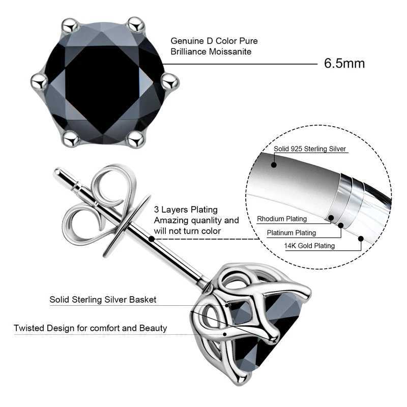 Charme IOGOU Morden réel 1 Carat noir Moissanite boucles d'oreilles pour hommes 100% 925 argent Sterling noir boucle d'oreille femmes hommes bijoux cadeauxL2403