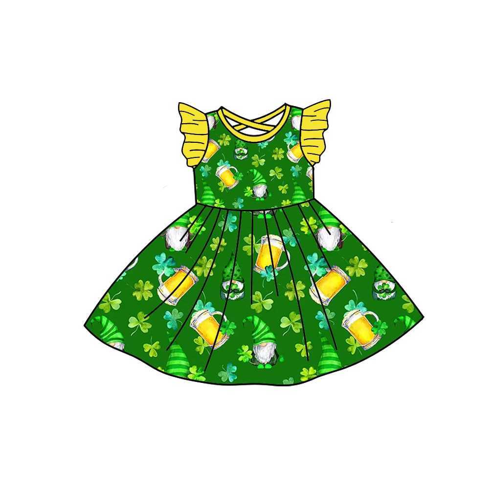 女の子のドレスホットセールドレスは女の子のための小さな飛ぶ袖付きセントパーカーのための膝のスカートクローバーリーフパターンミルクシルクファブリック240315
