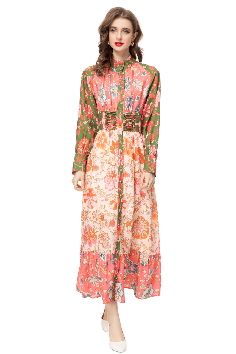 Kvinnors banor klänningar står krage långa ärmar blommor tryckt snörning i midja high street elegant designer vestidos