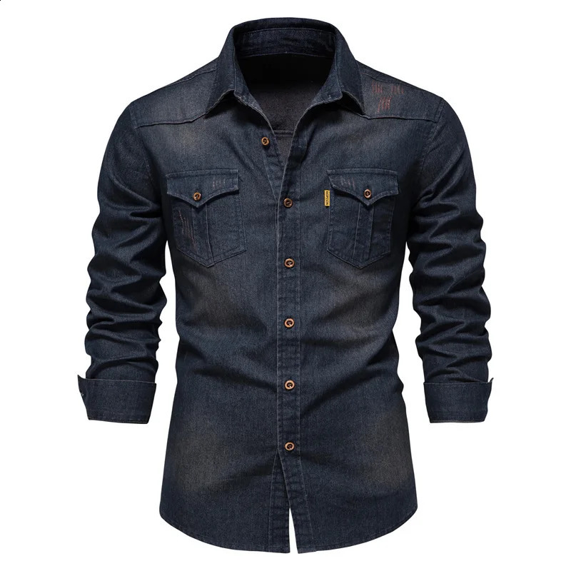 Elastic Cotton Denim Shirt High Quality Men Long Sleeve Solid Color Pocket Shirts for Men Casual Slim Fit Mens Designer Clothing 240313