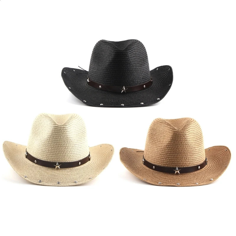 Vintage estrella remache paja tejido sombrero verano casual vaquero vaquera con ala enrollable mujeres hombres al aire libre transpirable playa gorra 240311