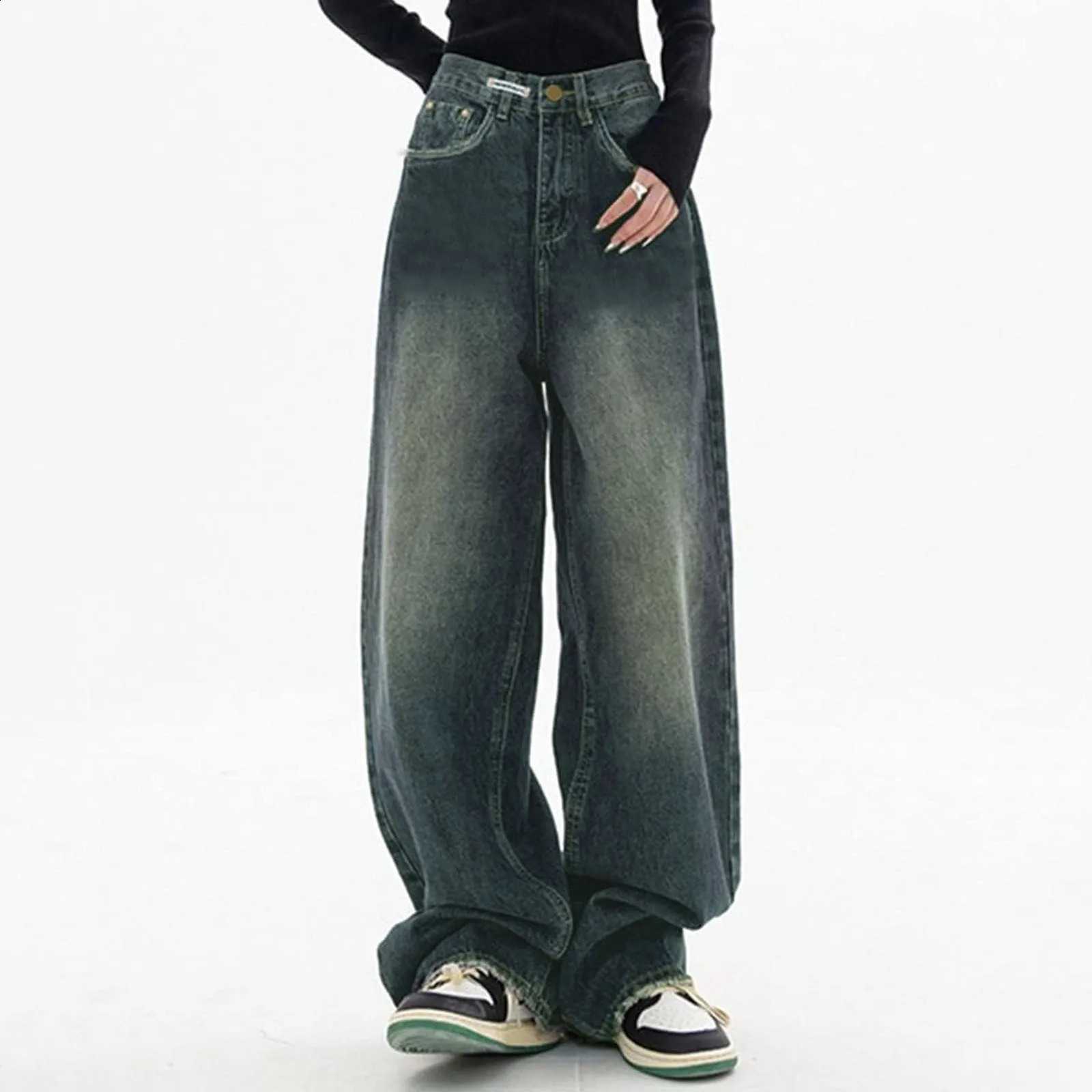 Harajuku Streetwear Retro Moda Mujer Jeans de cintura alta Pierna ancha suelta Pantalones de mezclilla rectos Y2K Pantalones holgados 240307