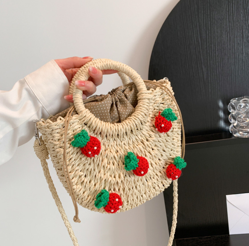 Crianças frisado morango applique grama tecelagem bolsas crianças cereja palha feito à mão cesta de compras verão meninas páscoa princesa único ombro saco z0548