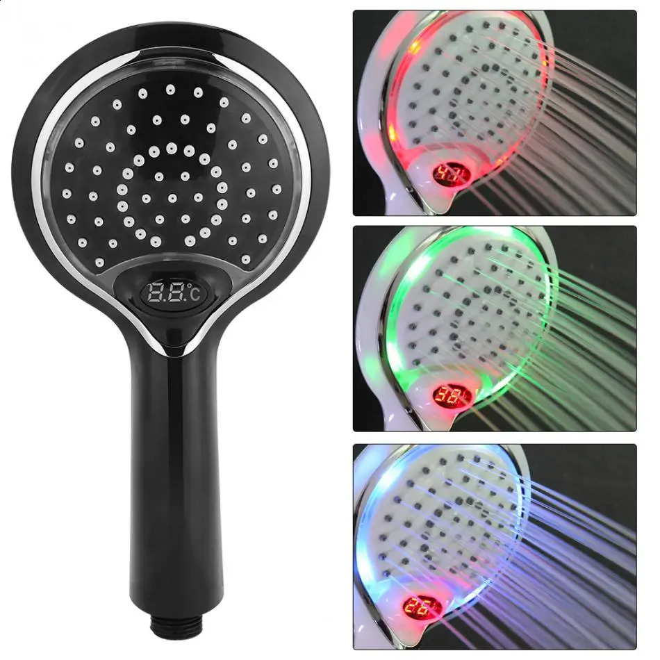 Automatische LED-lichtdouchekop 3 kleuren draagbare badkamersproeier Digitale temperatuurweergave Waterbesparende spray 240314