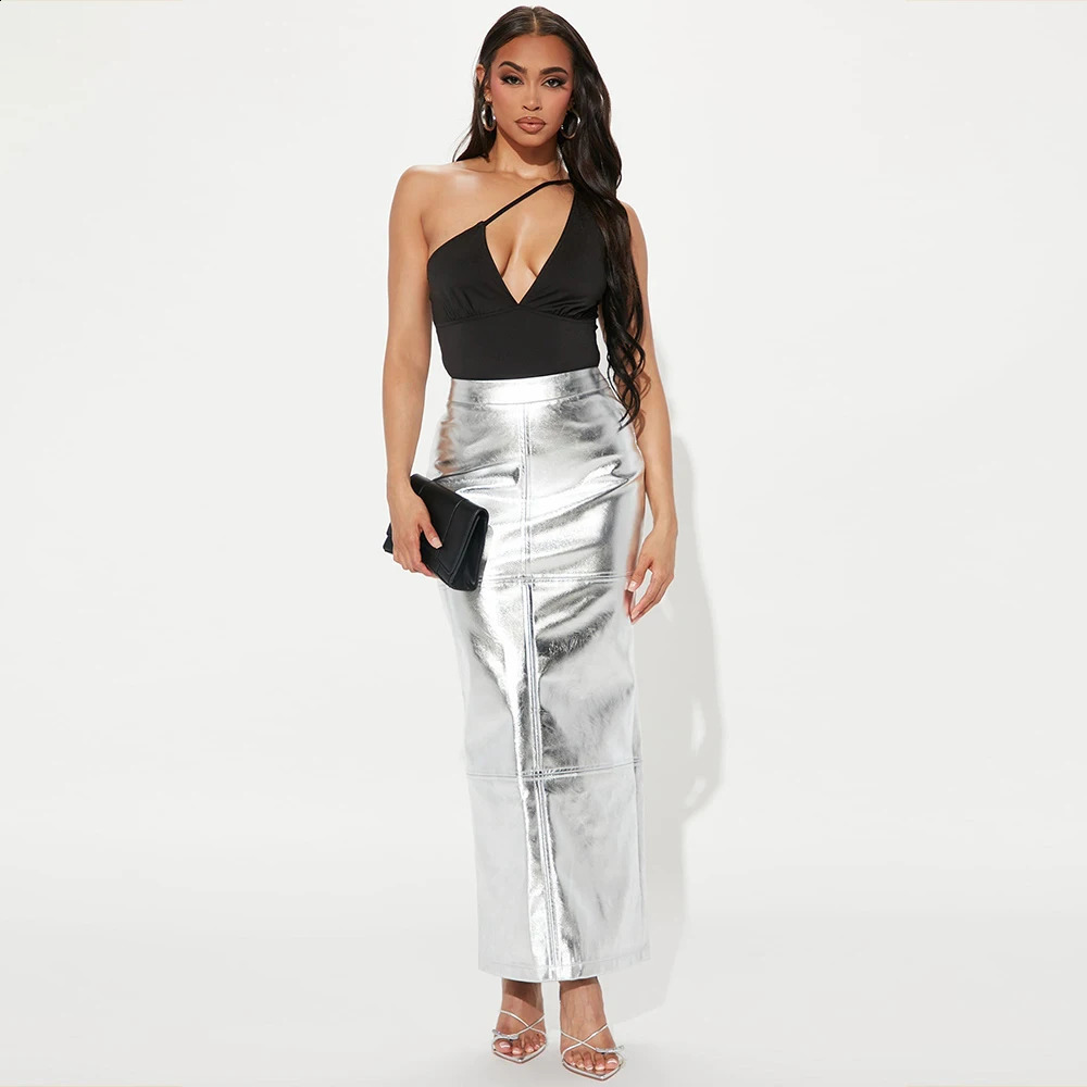 Sexy Sparkly Slit Luxe Lange Rokken Vrouwen Hoge Taille Metallic Groen Slanke Maxi Rok Zomer Elegante Verjaardagsfeestje Kleding 240315