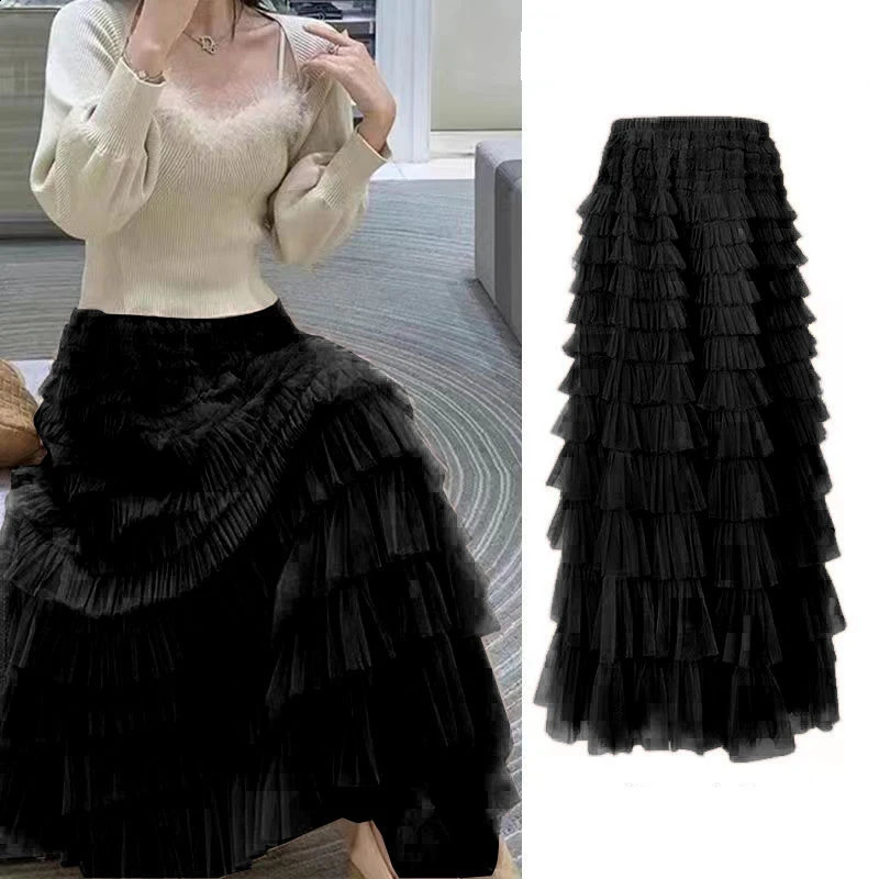 Summer Spring Women's Multilayer Ruffles Tulle kjol Pleated High midjan fluffig maxi kjol fairy cake klänning lång tutu fest kjol 240328