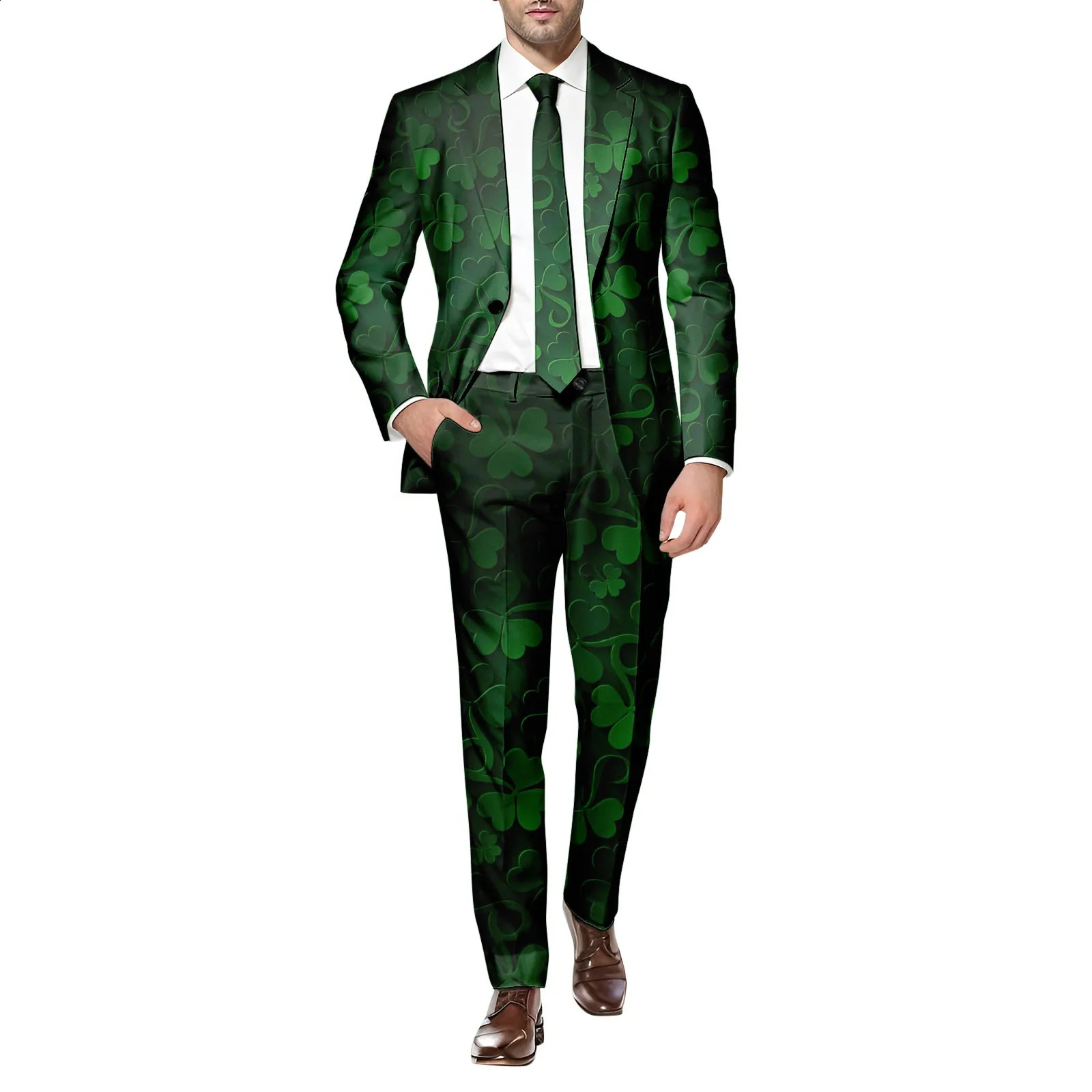 Mężczyźni St Patricks Day Płaszcz i spodnie Dwuczęściowy garnitur wydrukowane na guziki z długim rękawem Multi Pockets na imprezy świąteczne 240311