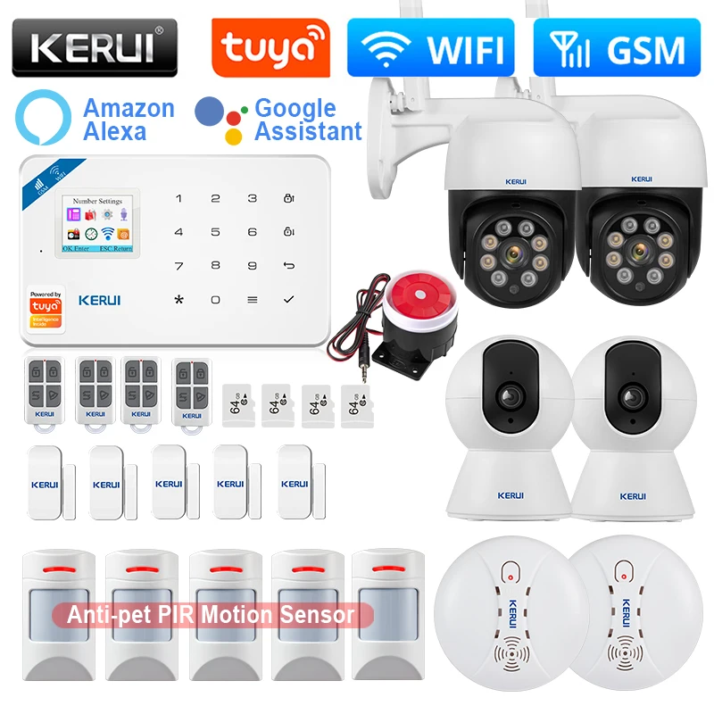 キットKERUI W181アラームシステムホームキットWIFI GSM TUYA SMARTサポートALEXA Antipet Motion Sensor Door Sensor 120DB Siren IPカメラ