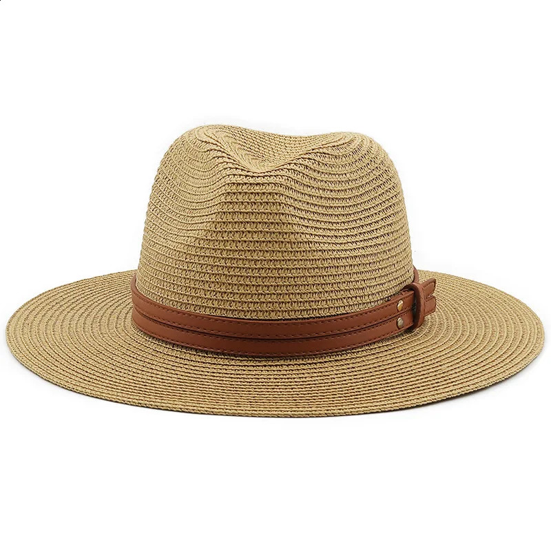 54575960CM Natuurlijke Panama Zachte Strohoed met Bruine Riem Zomer Vrouwen Mannen Brede Rand Strand Zonnehoed UV bescherming Fedora 240311