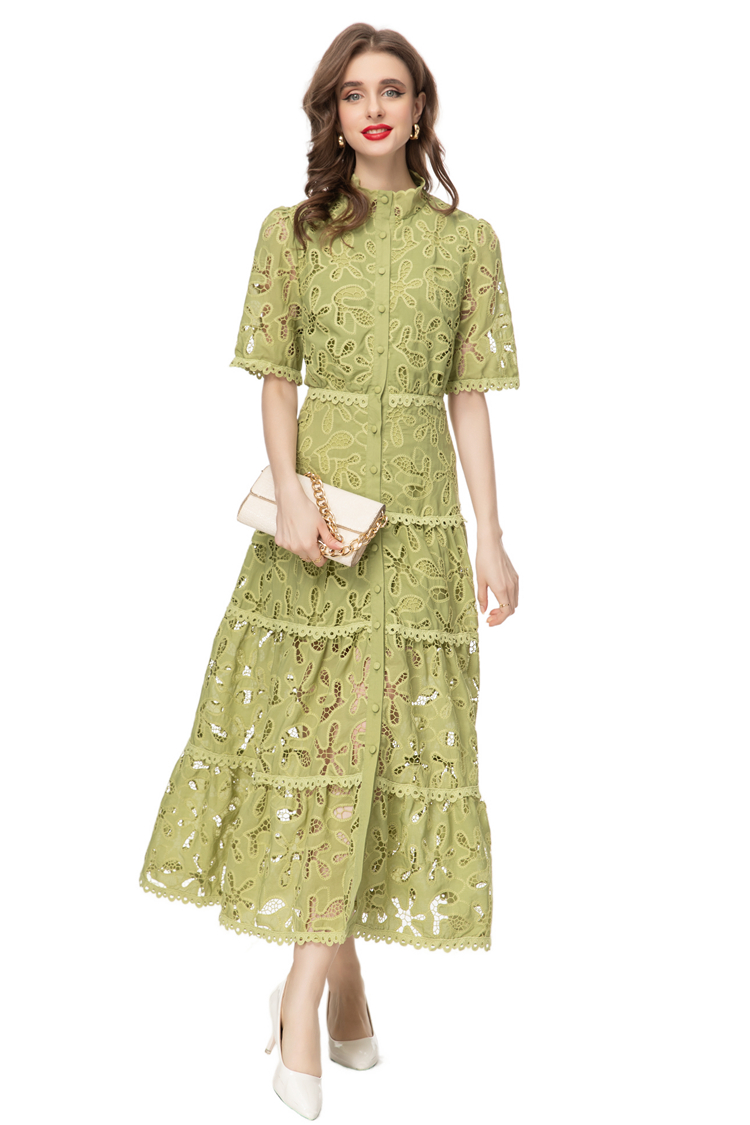 Women's Runway Dresses Stand Collar Short Sleeves Embroidery Hollow Out High Street Elegant Designer Mid Vestidos