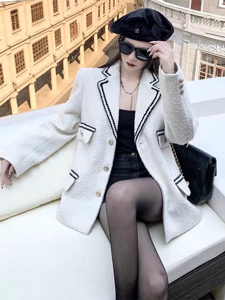 2024 autumn new san dro woven edge white single breasted coarse tweed suit women's jacket spring style