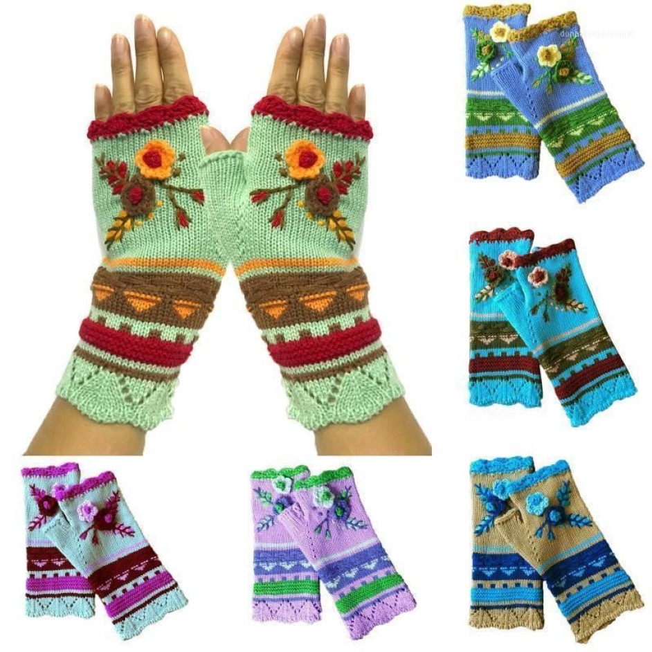 Five Fingers Gloves Knitted Long Hand Women's Warm Embroidered Arm Warmers Kawaii Winter Fingerless Touchscreen Girl Outdoor12589
