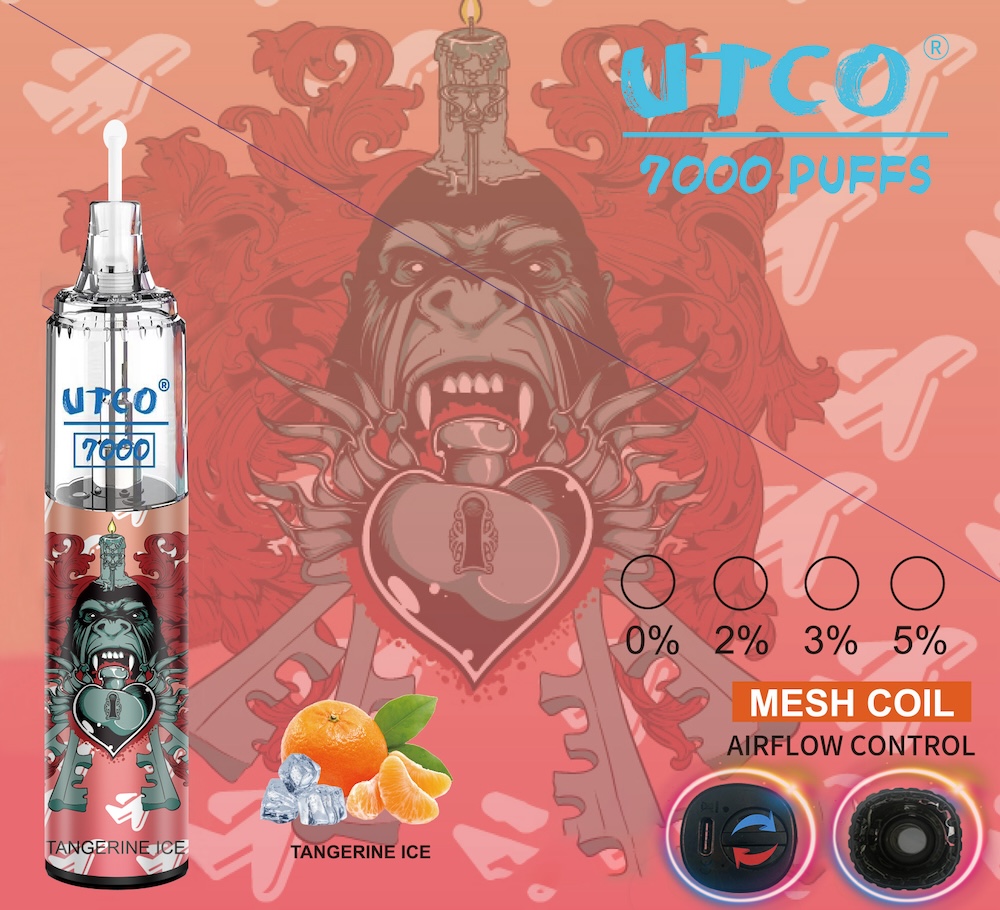 Original UTCO E Cigarett Kit Tornado 7000 Puffs Disponible Vape Pen Electronic Cigarettes 14 ML POD MESH COIL 6 Glowing Colors Air-Justerable 0% 2% 3% 5% Randm 7K Puff 7000