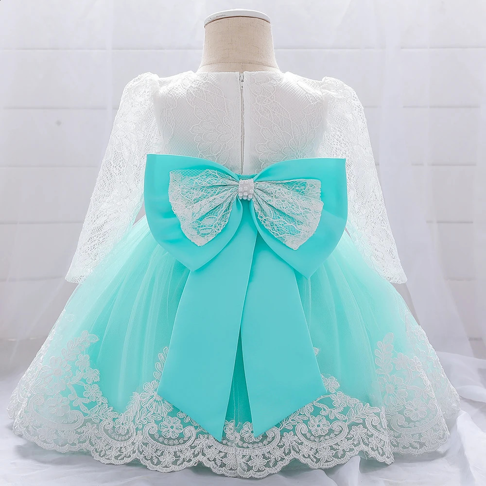 Baby Girls Dress Born Girl Long Sleeve Lace Party Wedding Dresses With Big Bow Infant Girl 1st Birthday Princess Dress 240307