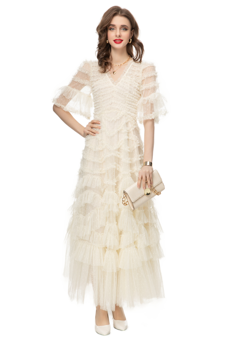 Women's Runway Dresses V Neck Short Sleeves Ruffles Layered Elegant Designer Tulle Mesh Party Prom Vestidos Gown