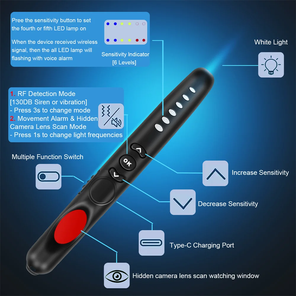 Telecamere ANTI SPY DETTAGLIA DI PROTEZIONE DI PROTEZIONE DI PROTEZIONE MINI Mini Wireless WiFi RF Dispositivo di segnale Scanner Light Infrared Rileva l'allarme OneKey