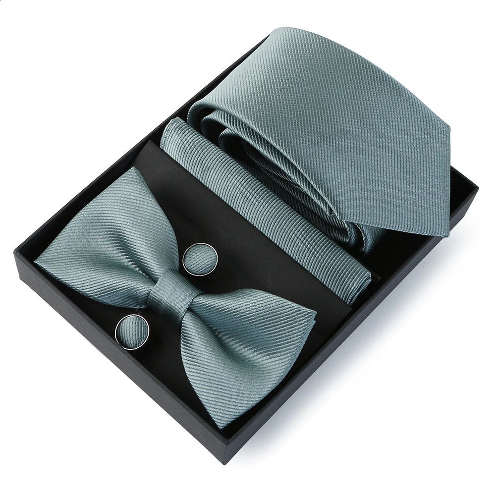 Tie Set For Men Necktie 7.5cm Solid Color Necktie For Men Luxury Suit Bowtie Pocket Square Cufflinks Bow Tie Wedding Gift Cravat 240315