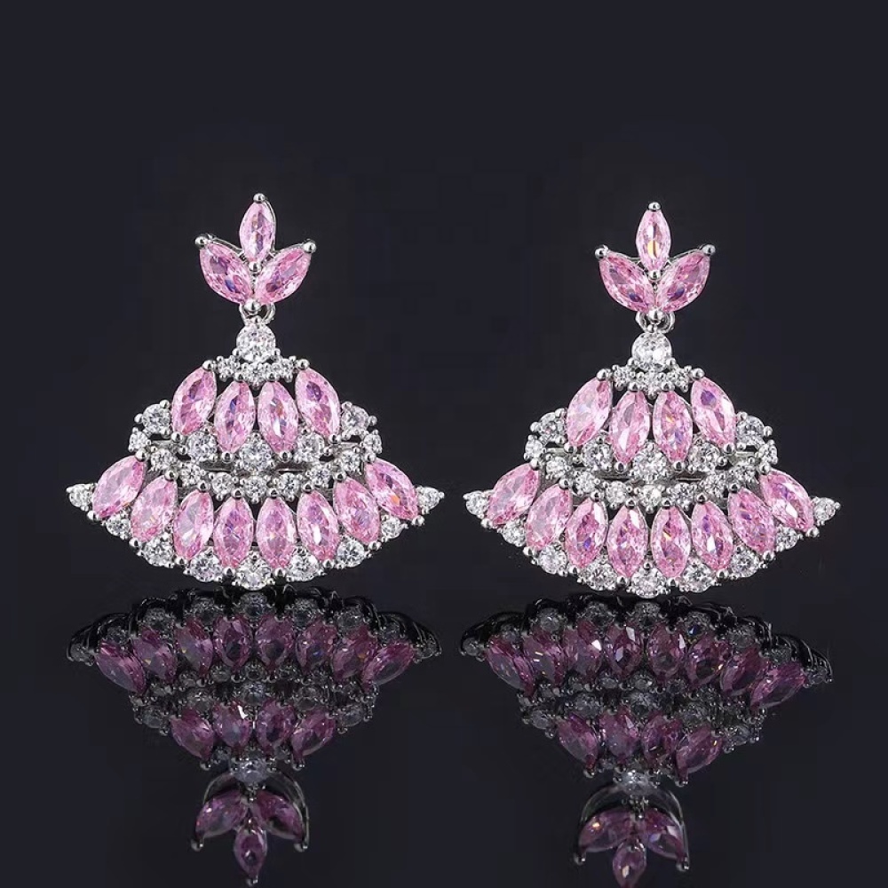Zircon Drop Dangle Earrings, Rhinestone Cluster Earrings Luxury Bridal Flower Fashion Jewelry, 18K Gold Plated Posts Sparkly Evening Dressy Earrings
