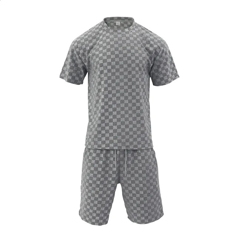 Herren Sport Anzug Sommer Koreanische High Street Jacquard Plaid T-shirt Shorts Zweiteilige Set Männlichen Casual Retro Lose Oneck Top 240315