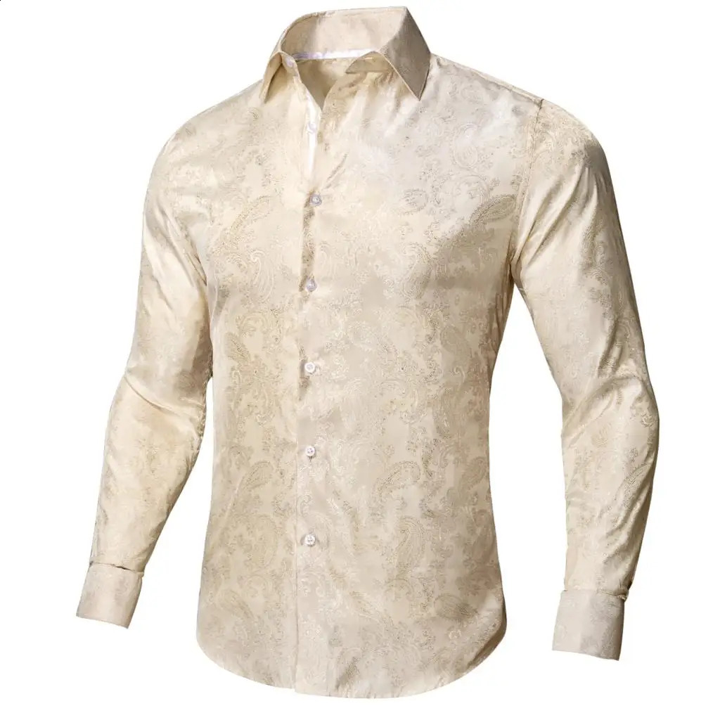 Hi-Tie Ivoire Champagne Paisley Soie Hommes Chemise À Manches Longues Chemises Décontractées Pour Hommes Jacquard Mâle Business Party Robe De Mariée 240304