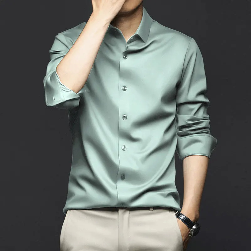 Роскошная мужская рубашка с длинными рукавами, поплин из ледяного шелка, против морщин, без глажки, деловая и офисная модная повседневная рубашка высокого качества S ~ 6Xl 240306