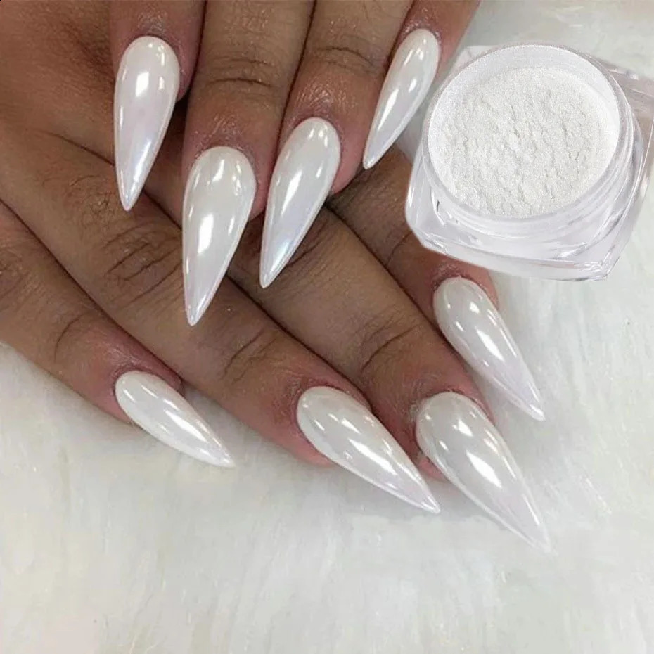 Poudre à ongles en perles chromées blanches, 1 pièce, scintillantes, scintillantes, Design de mariée, aurore, poussière frottant, effet miroir, féerique, 240313