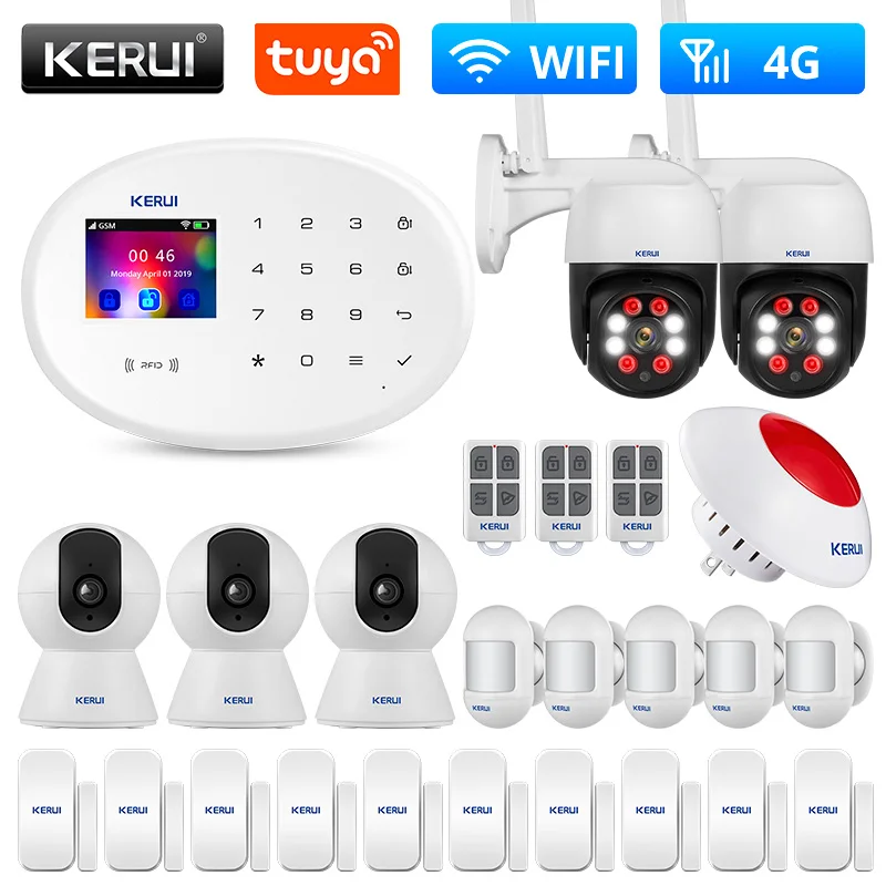 Kits Kerui Alarm System Kit 4G GSM WiFi Tuya Smart Home Alarm Work med Alexa Google Assistant Security Camera Door Sensor Siren