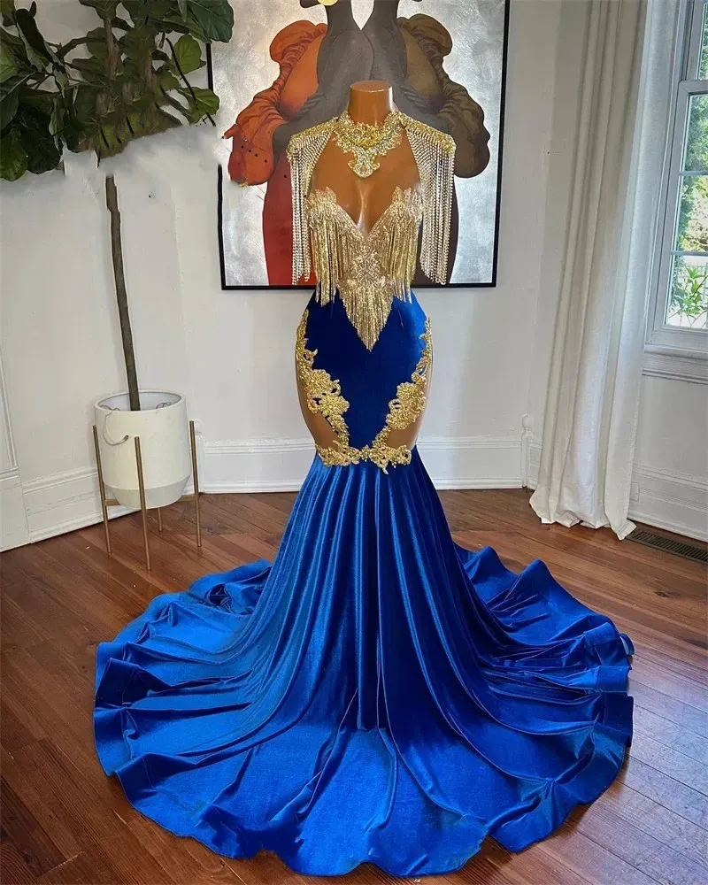 Sexy High Neck Long Prom Dress For Black Girls Tassel 2023 Royal Blue Appliques Backless Birthday Party Evening Gowns Robe De