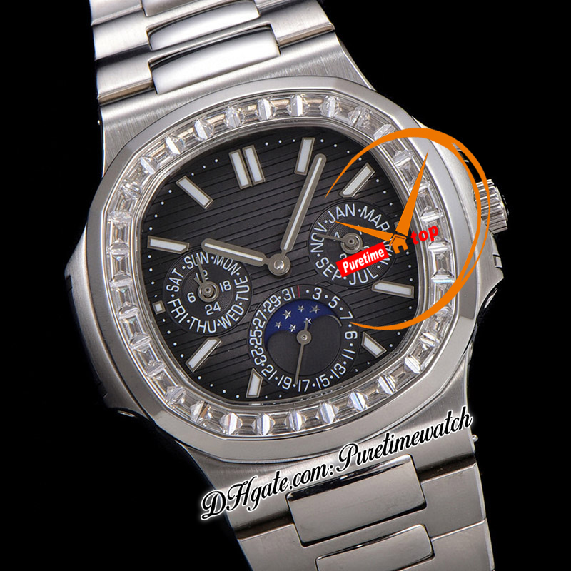 5740 Calendário Perpétuo A324SC Relógio Masculino Automático TWF Diamantes Moldura Cinza Textura Mostrador Pulseira de Aço Inoxidável Super Edição Reloj Hombre Puretimewatch PTPP