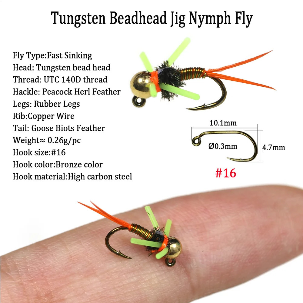 VAMPFLY #16 Tungsten Bead Head Jig Nymph Fly Hook Szybki zatonięcie Euro Mucha mokro pstrąg stalowy Łowotka 240312