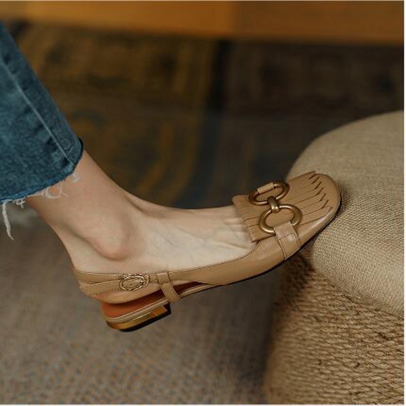 Vintage Slingbacks Fashion Square toe Tassel Fringe Leather Women Flats Shoes