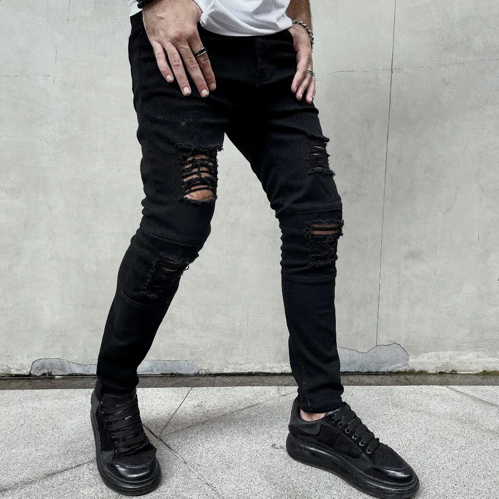 Männer High Street Hip-Hop-Stil zerrissene dünne Bleistiftjeans stilvolle schlanke Löcher lässige Denim-Hosen 240305